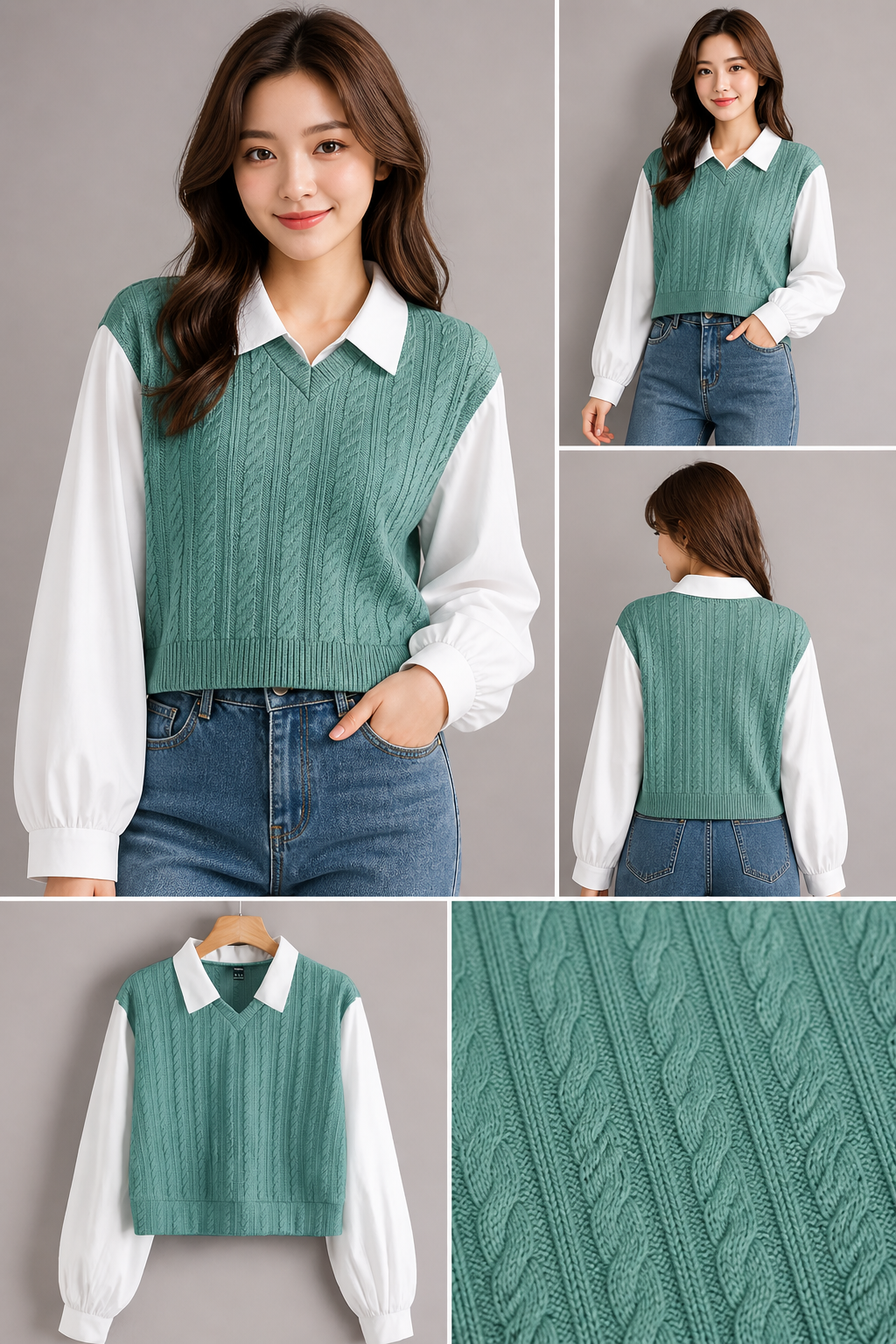 Women Korean Style Cable Knit Sweater Vest Top with Shirt Collar | Long Sleeve Casual Crop Top