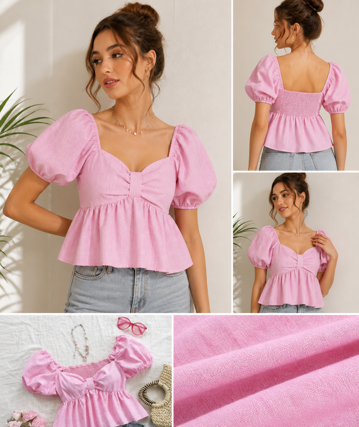 Women Pink Puff Sleeve Peplum Top | Cotton Linen Square Neck Stylish Casual Wear