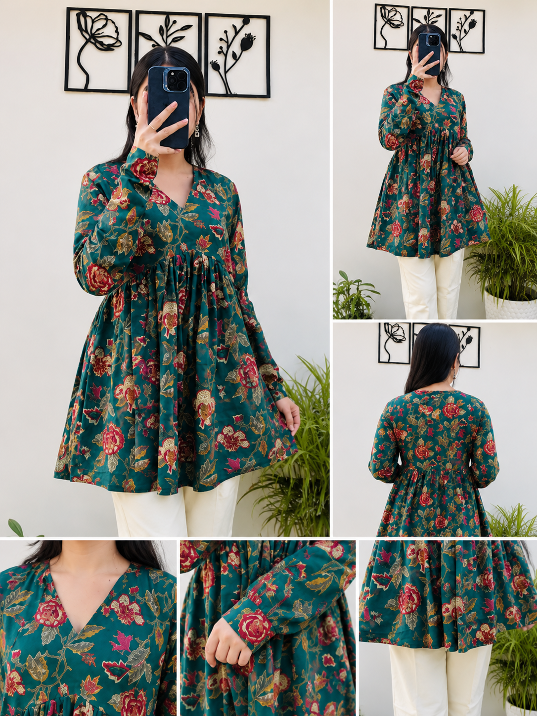 Women Green Floral Printed Rayon Short Kurti | V-Neck Casual Daily Wear Top
