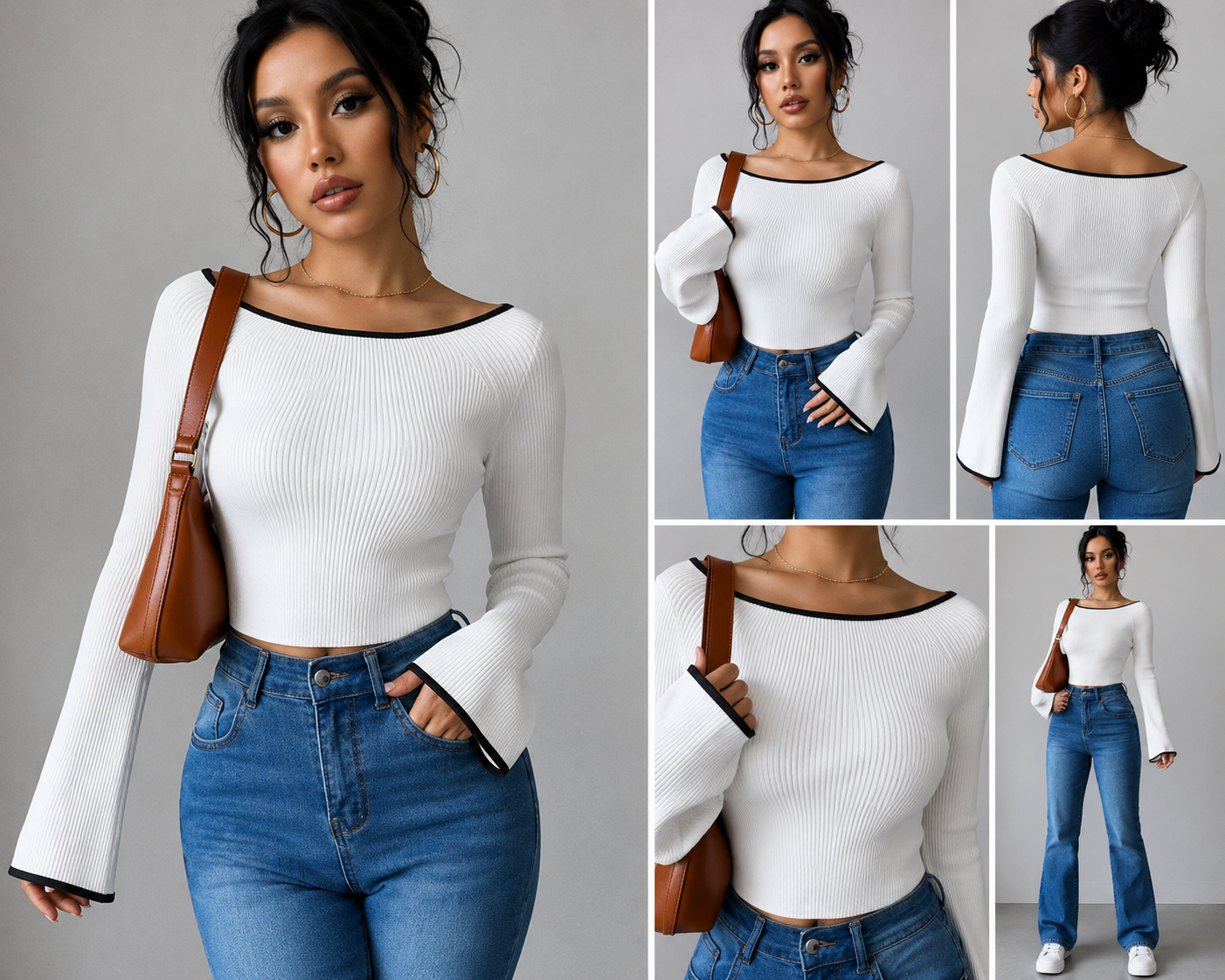 Women White Ribbed Boat Neck Fitted Crop Top | Full Sleeve Stylish Casual Top