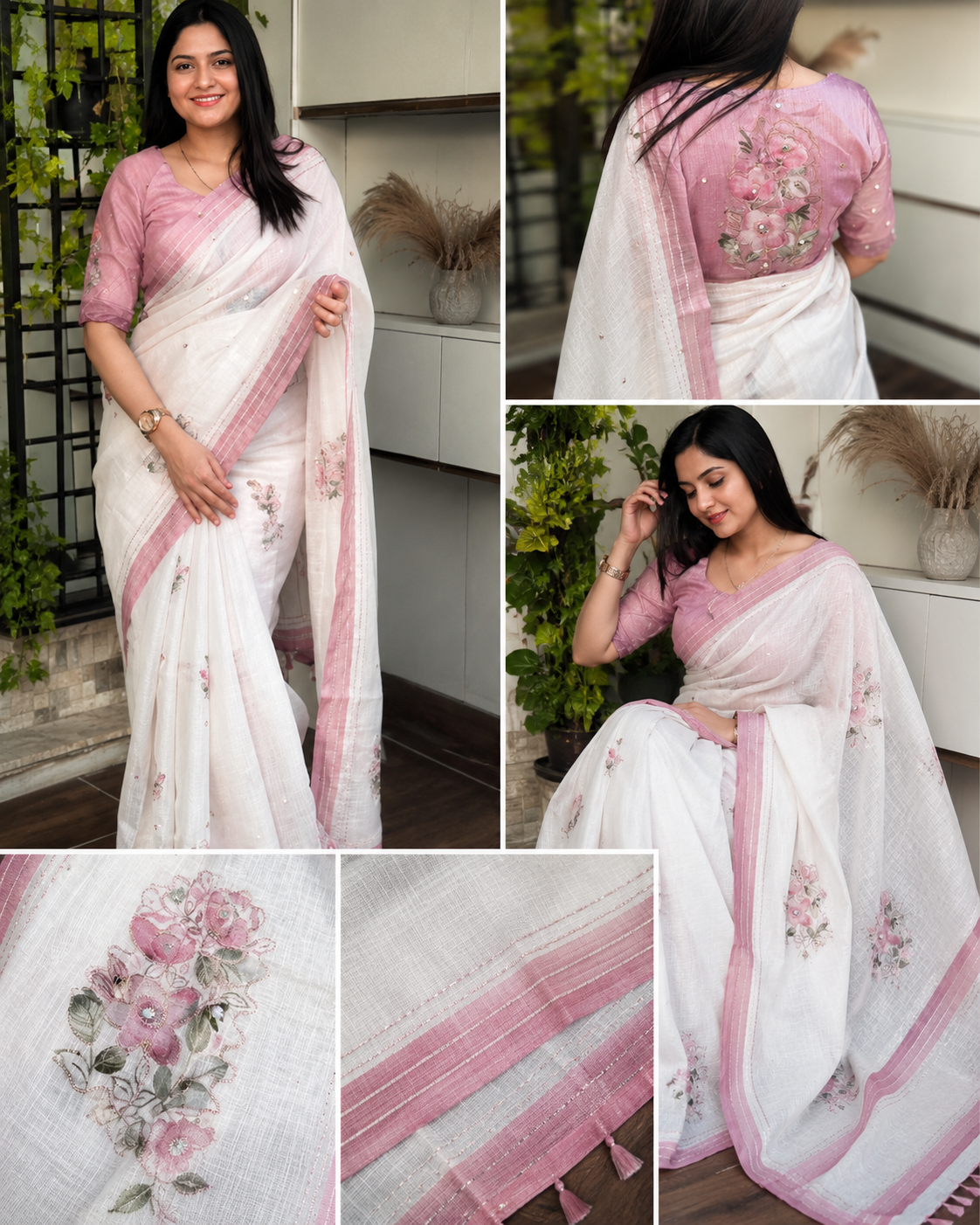 Women White & Pink Floral Kaantha Work Cotton Linen Saree | Elegant Party Wear Designer Saree