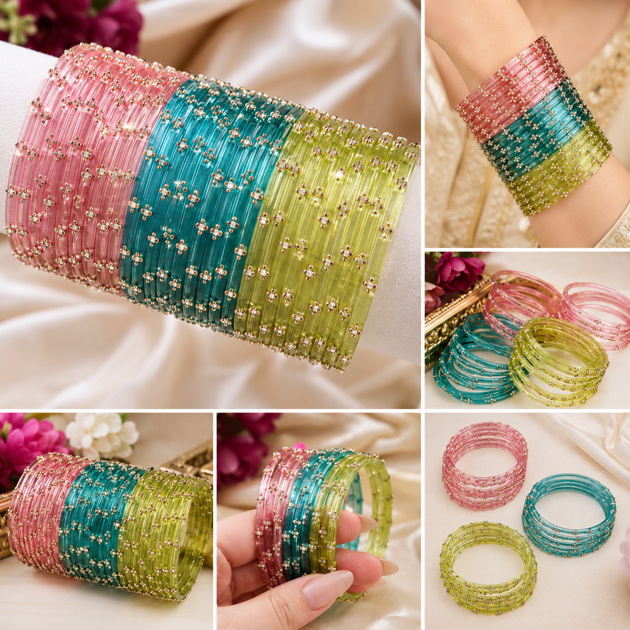 Women Multicolor Stone Studded Glass Bangles Set | Transparent Party Wear Bracelet Combo