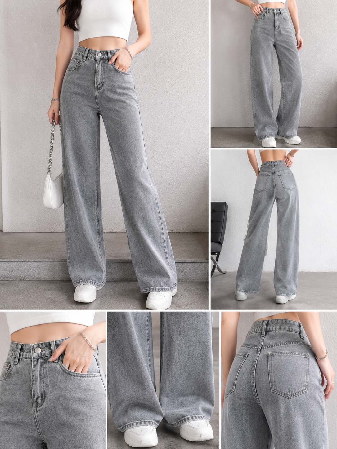 Women Light Grey Wide Leg Denim Jeans | High Waist Loose Fit Casual Street Style Pants