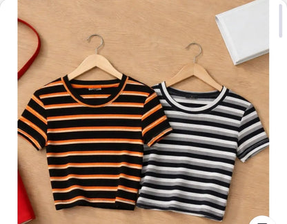 Women’s Ribbed Striped Crop Top – Slim Fit Casual Tee