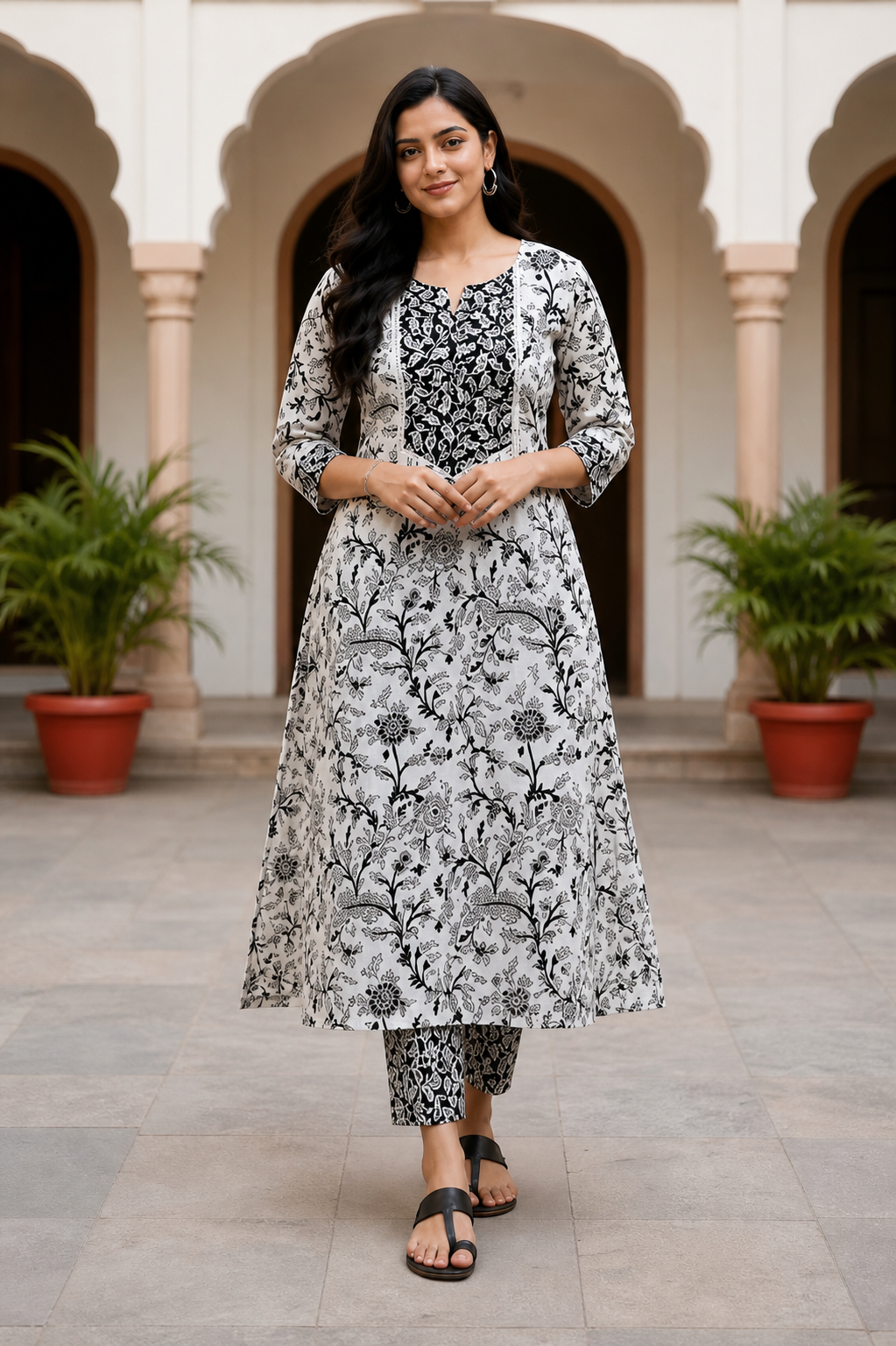 Women Black & White Floral Printed A-Line Kurta Set | Cotton Blend Elegant Ethnic Wear