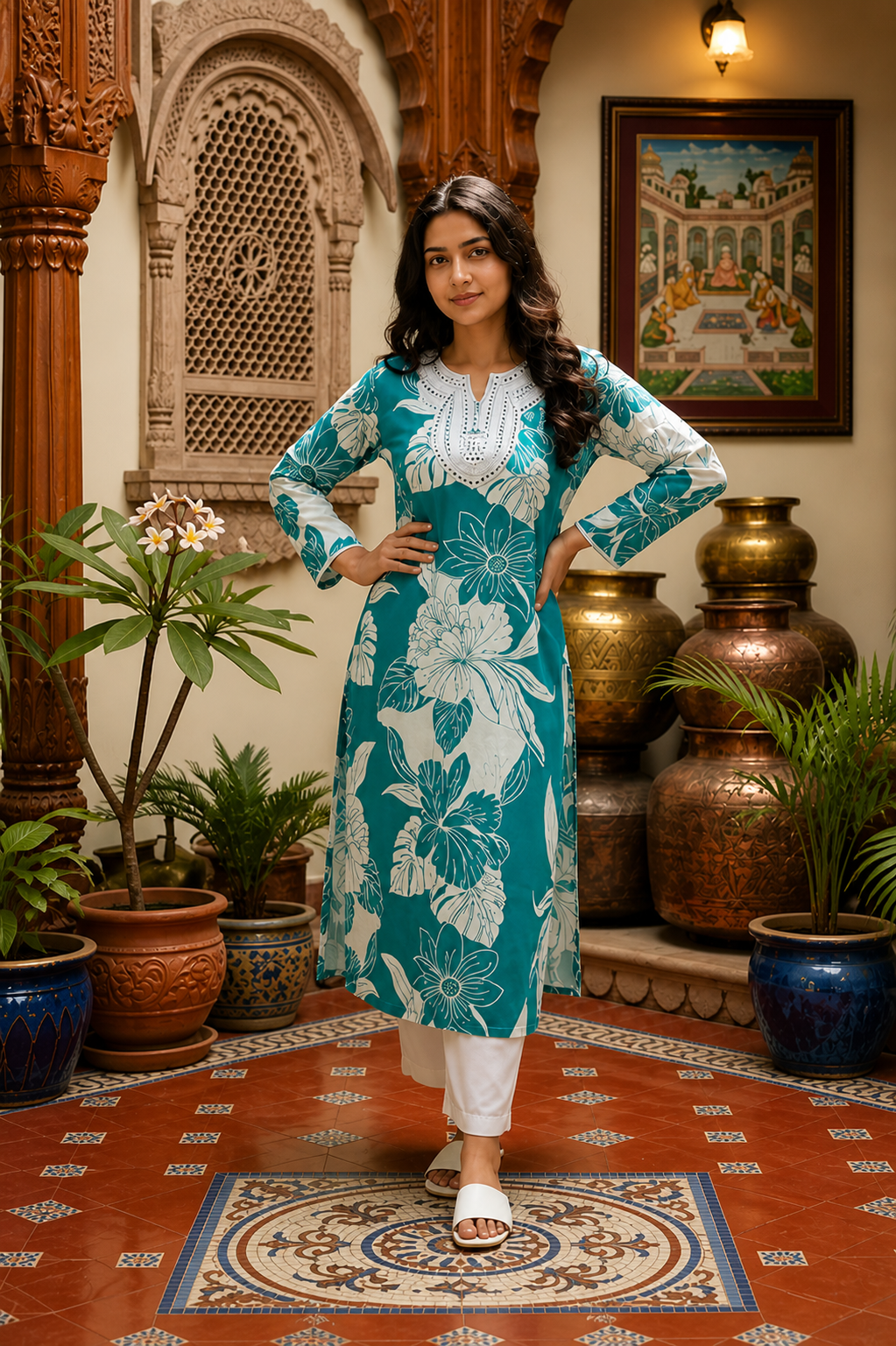 Women Teal Floral Printed A-Line Cotton Kurta Set with Pants | Elegant Ethnic Wear