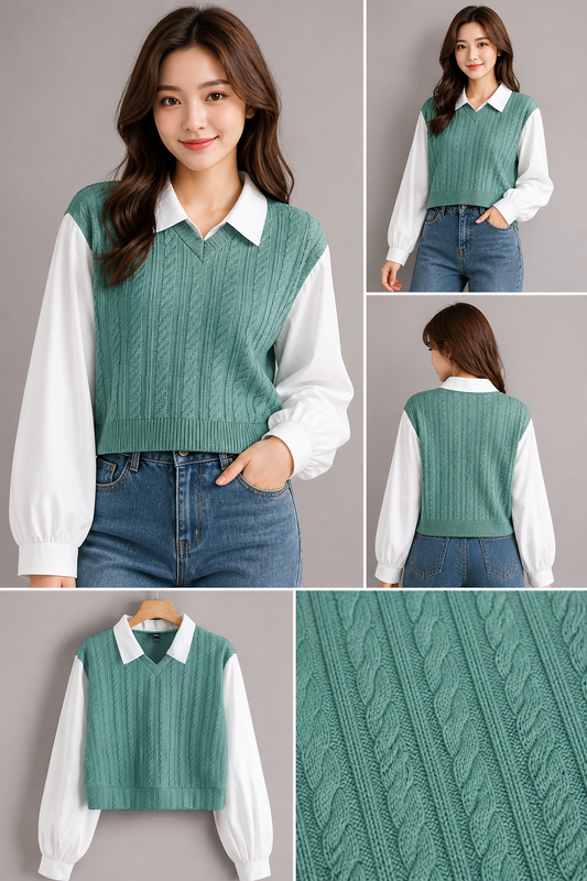 Women Korean Style Cable Knit Sweater Vest Top with Shirt Collar | Long Sleeve Casual Crop Top
