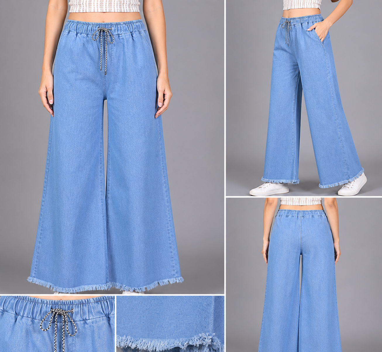 Women Light Blue High-Waist Wide Leg Denim Palazzo Jeans | Bell Bottom Casual Wear