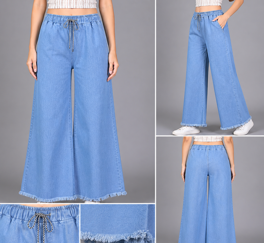 Women Light Blue High-Waist Wide Leg Denim Palazzo Jeans | Bell Bottom Casual Wear