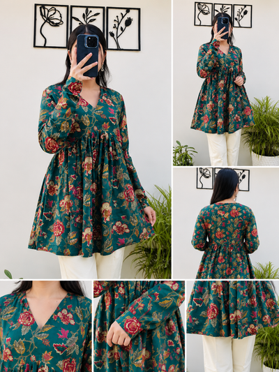 Women Green Floral Printed Rayon Short Kurti | V-Neck Casual Daily Wear Top