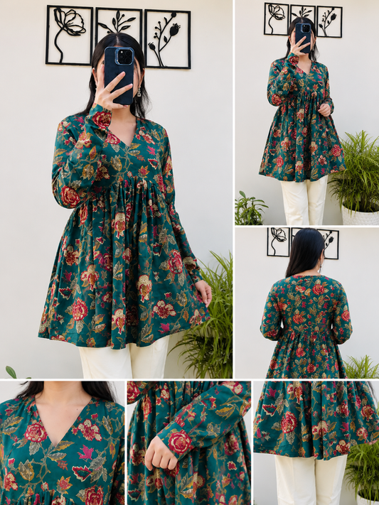 Women Green Floral Printed Rayon Short Kurti | V-Neck Casual Daily Wear Top