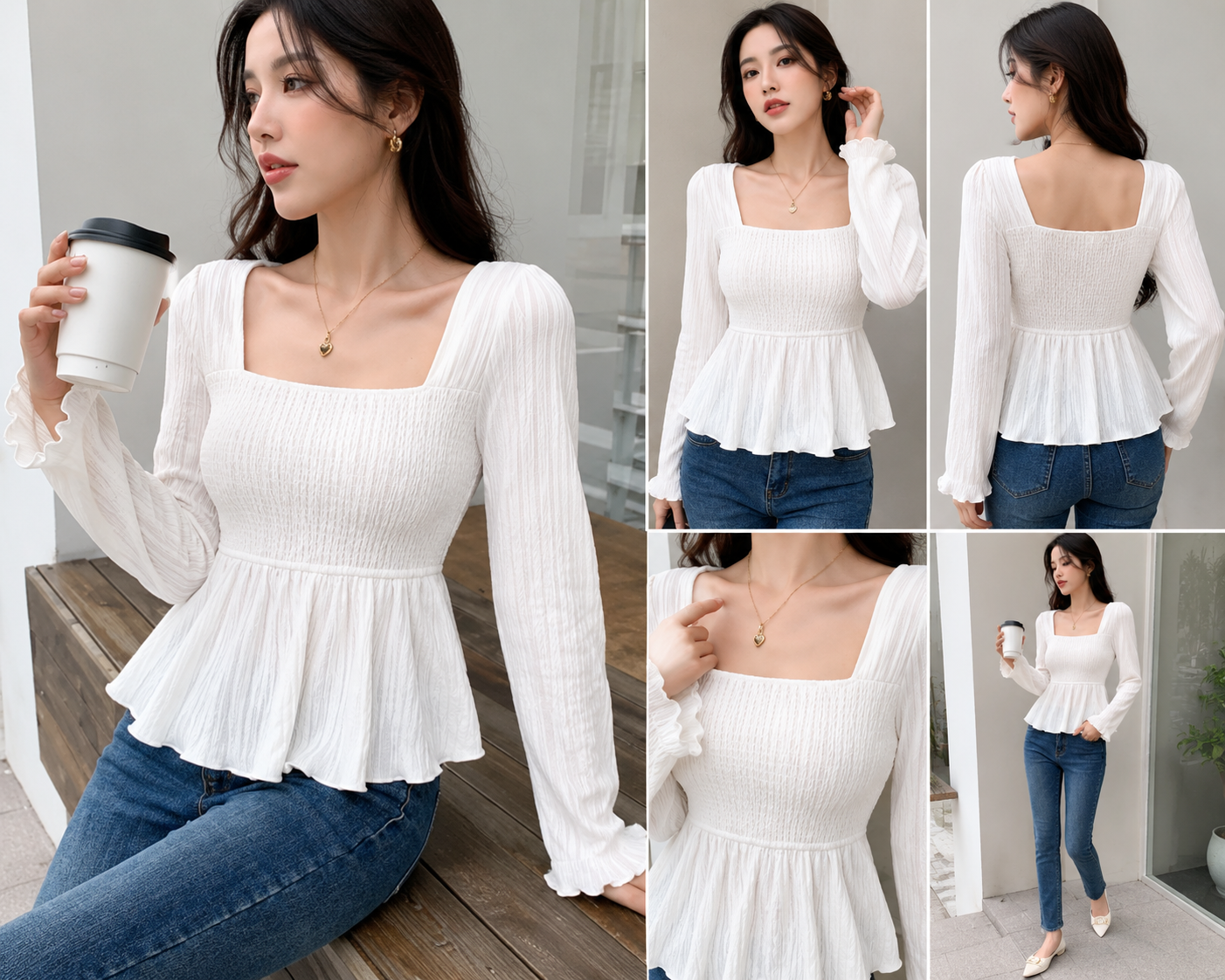 Women White Smocked Peplum Top | Square Neck Full Sleeve Casual Stylish Top
