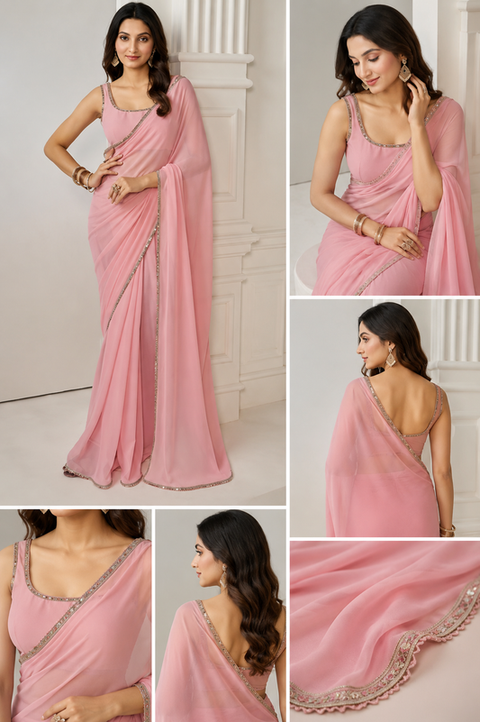 Women Georgette Party Wear Saree with Lace Border | Elegant Bollywood Style Designer Saree