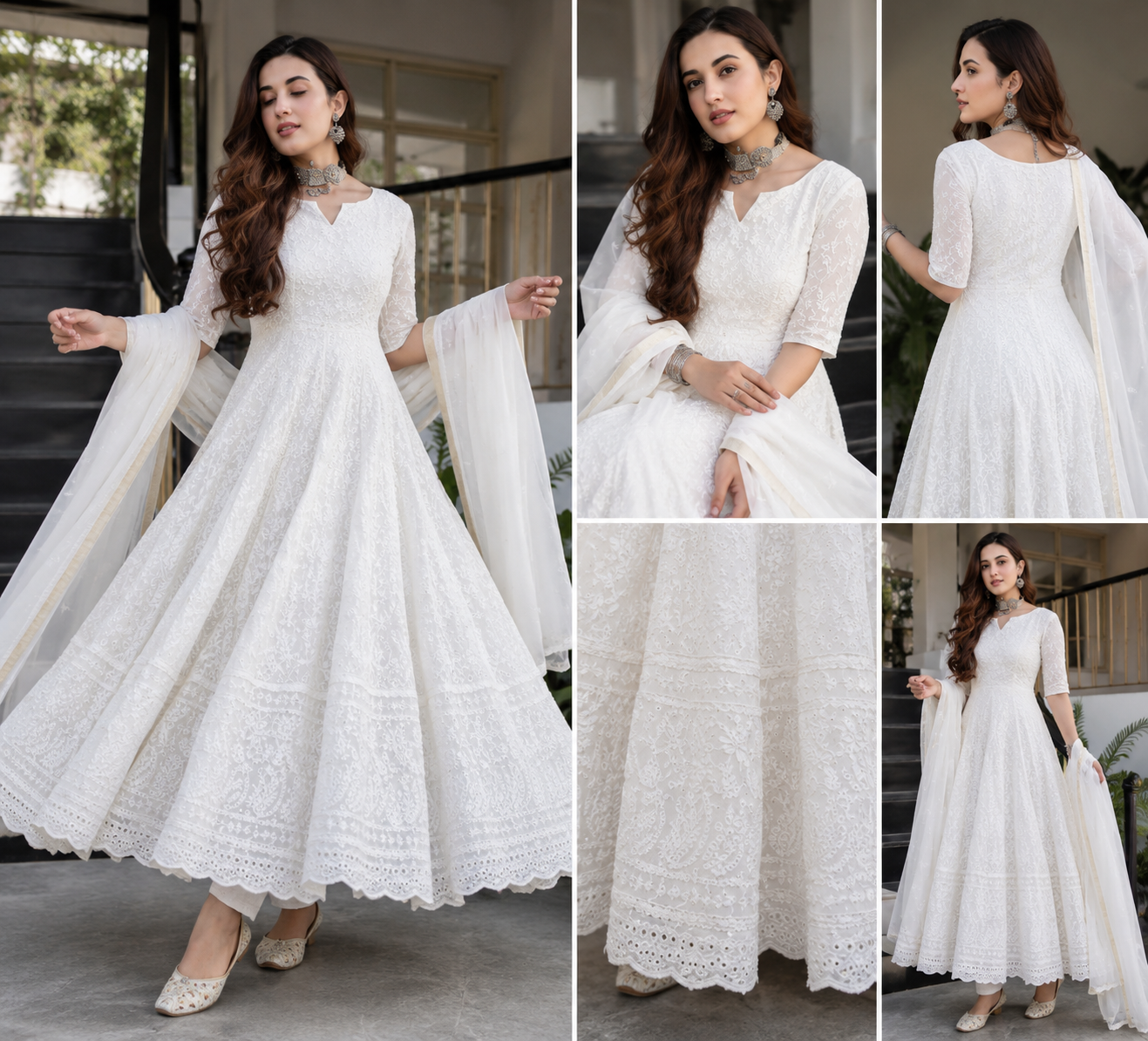 Women White Embroidered Anarkali Kurti with Dupatta | Chikankari Style Ethnic Maxi Gown Set