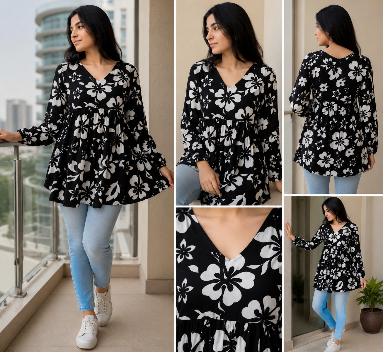 Women Floral Printed Flared Rayon Short Kurti | V-Neck Casual Tunic Top