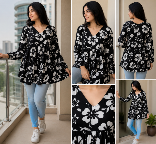 Women Floral Printed Flared Rayon Short Kurti | V-Neck Casual Tunic Top