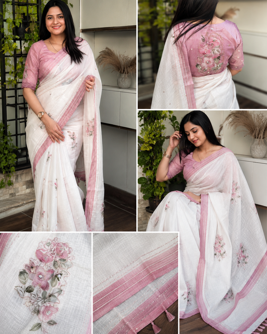 Women White & Pink Floral Kaantha Work Cotton Linen Saree | Elegant Party Wear Designer Saree