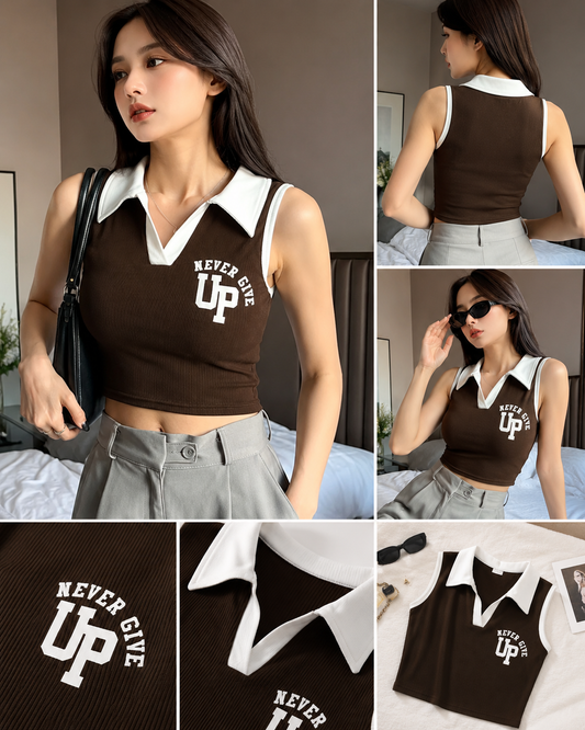 Women Typography Print Sleeveless Crop Top | Korean Style Collar Casual Tank Top