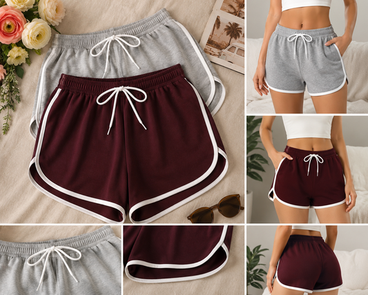Women Cotton Blend Casual Shorts Pack of 2 | Mid Rise Drawstring Summer Shorts