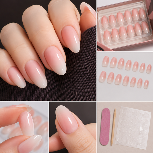 24 Pcs Nude Pink Ombre Press-On Nails | Glossy Reusable Short Oval Artificial Nails
