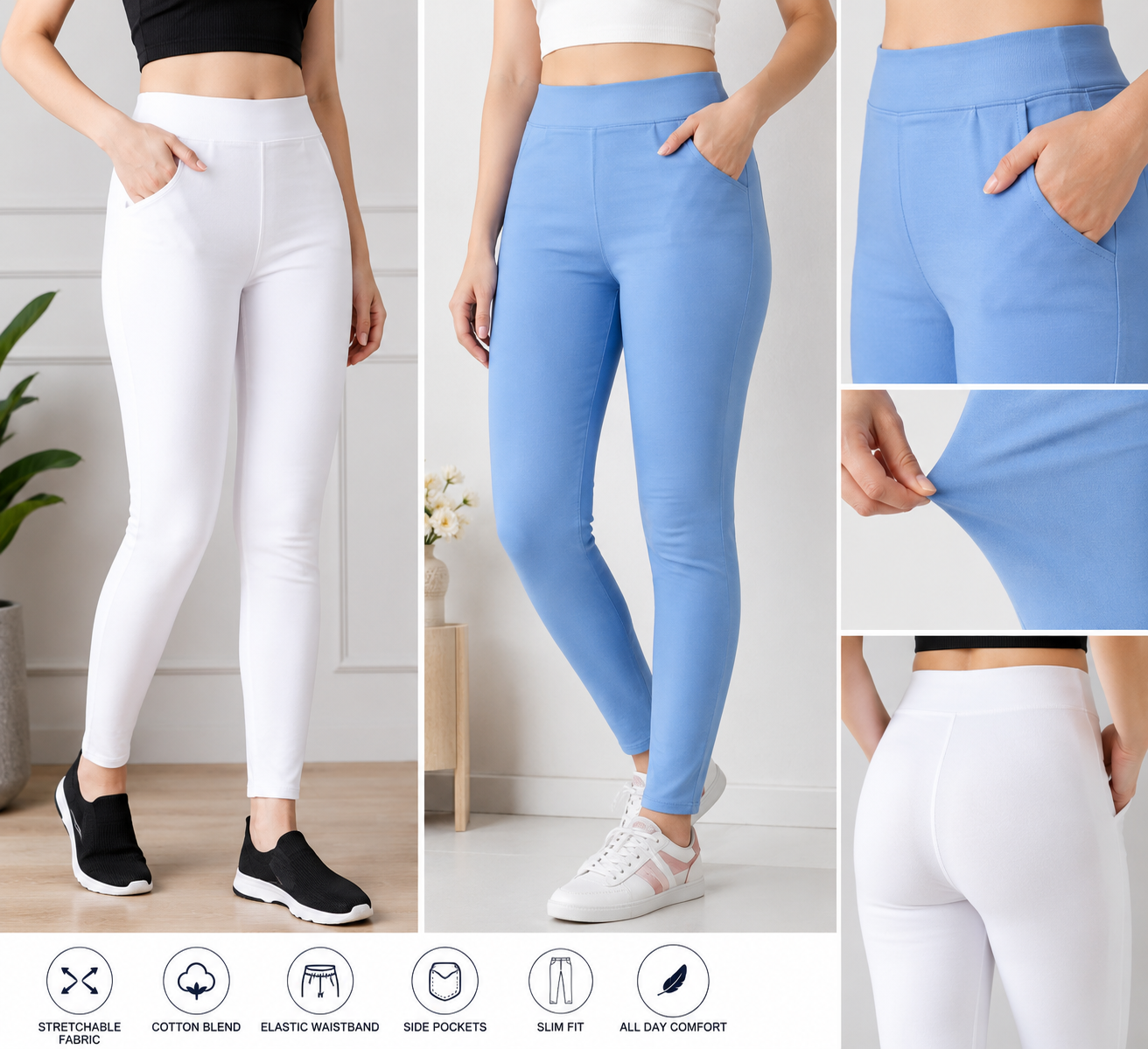 Women Stretchable Pocket Jeggings Pack of 2 | Mid Rise Slim Fit Casual Wear