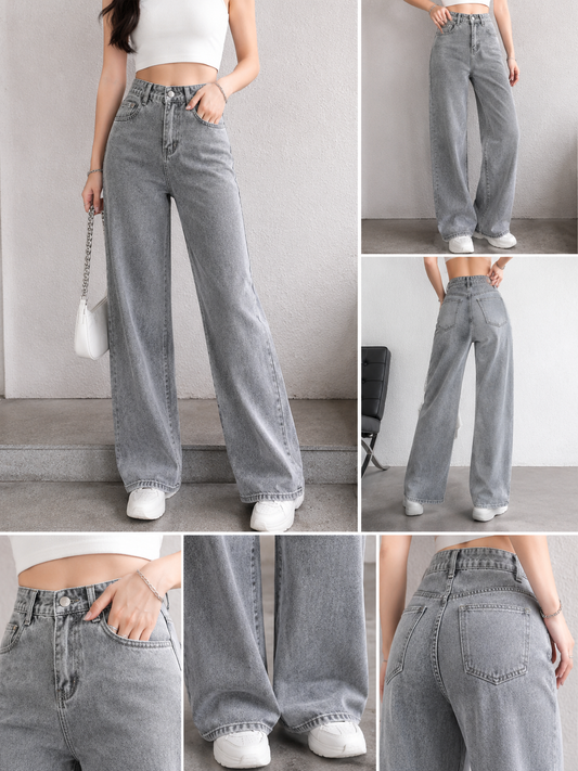 Women Light Grey Wide Leg Denim Jeans | High Waist Loose Fit Casual Street Style Pants