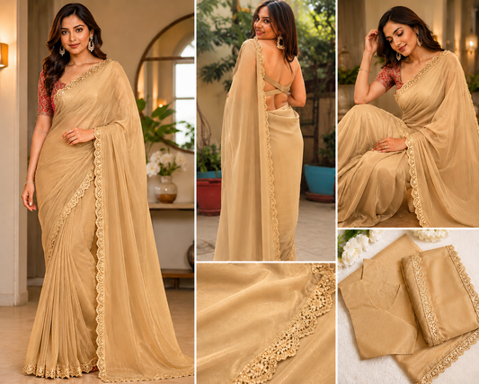 Women Beige Jimmy Choo Bollywood Saree with Lace Border | Party & Wedding Wear Designer Saree